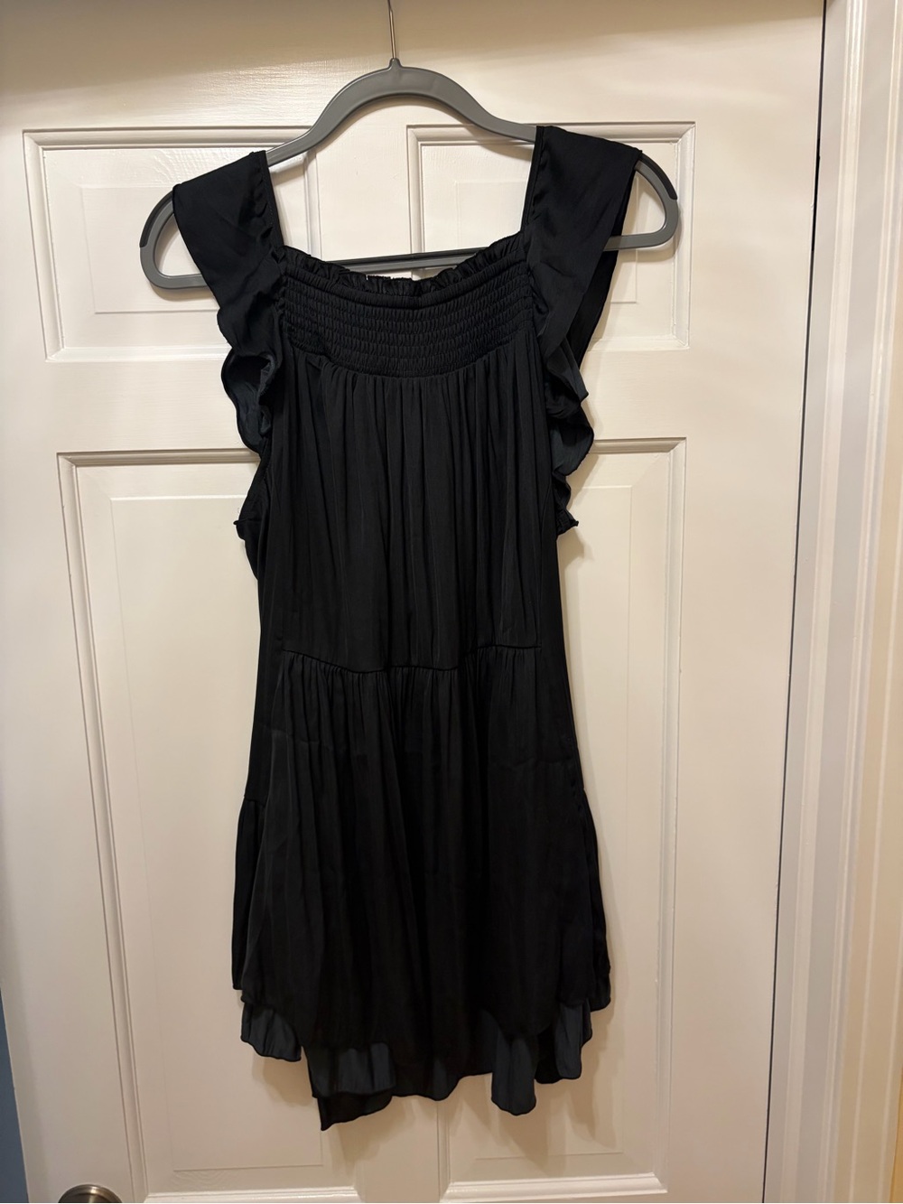 Smocked Ruffle-Sleeve Mini Dress in Black